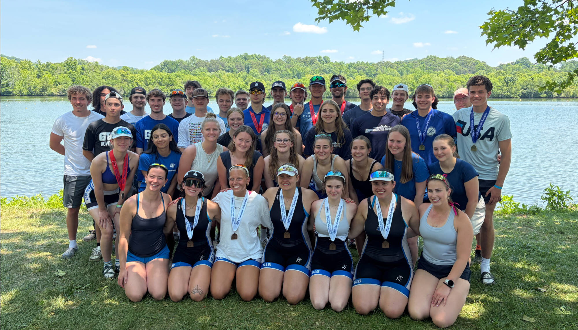 Group shot of the 2026 rowing team at the national championship regatta